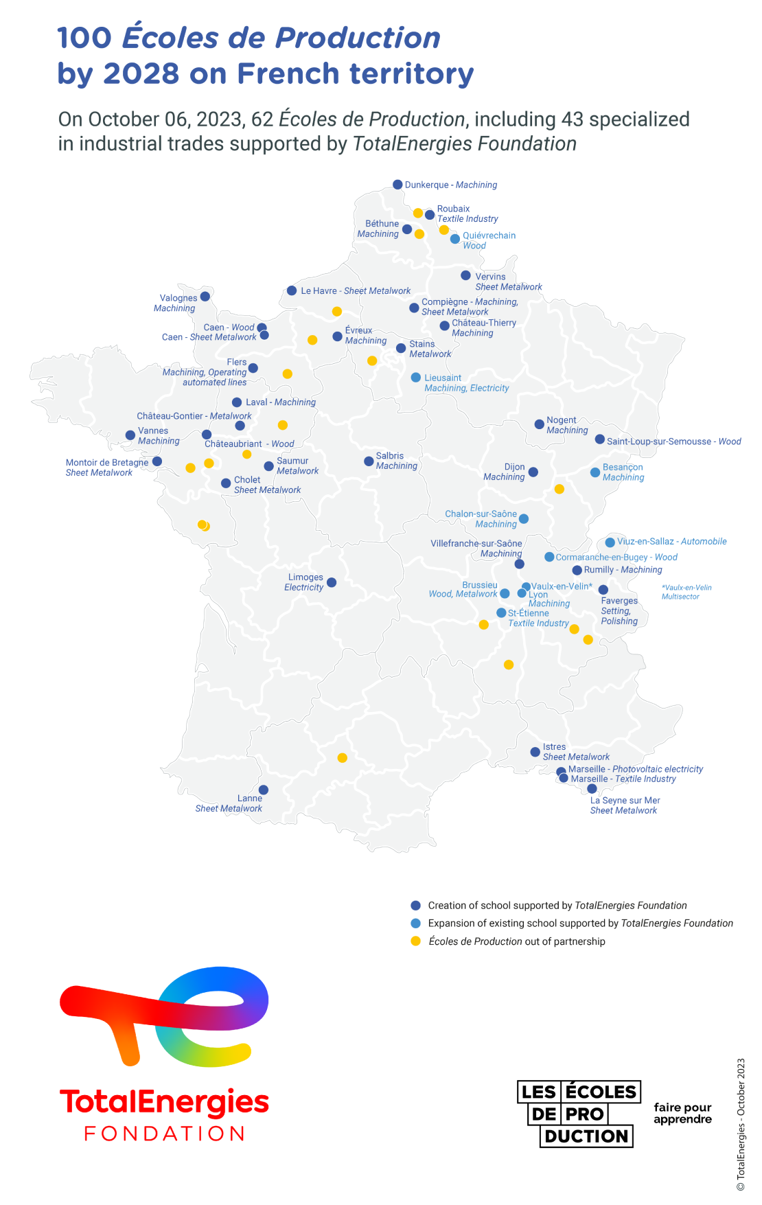 Map "100 Écoles de production by 2028 on French territory" - See detailed description hereafter