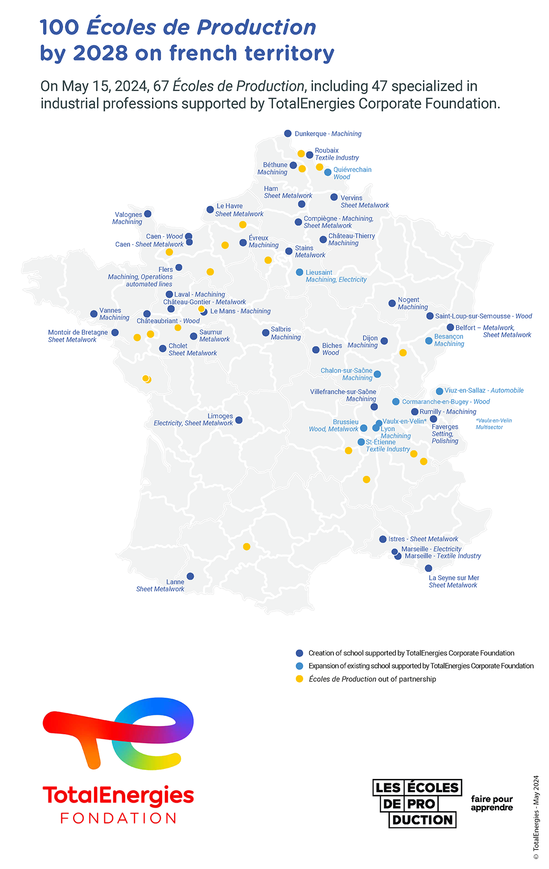 "100 écoles de production" map - see description hereafter