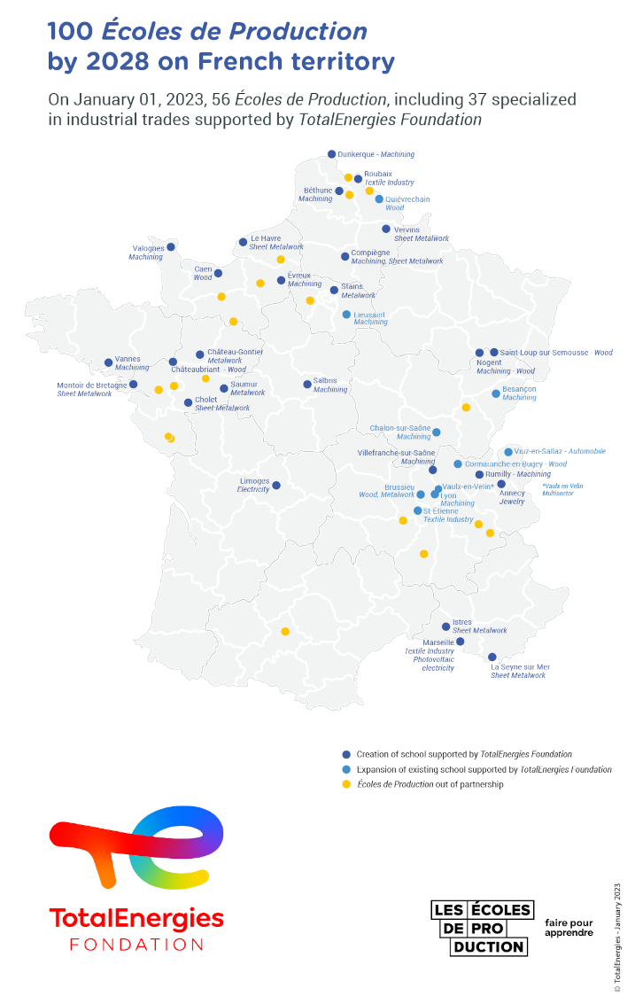 Map of the École de Production sites in France - Read description below