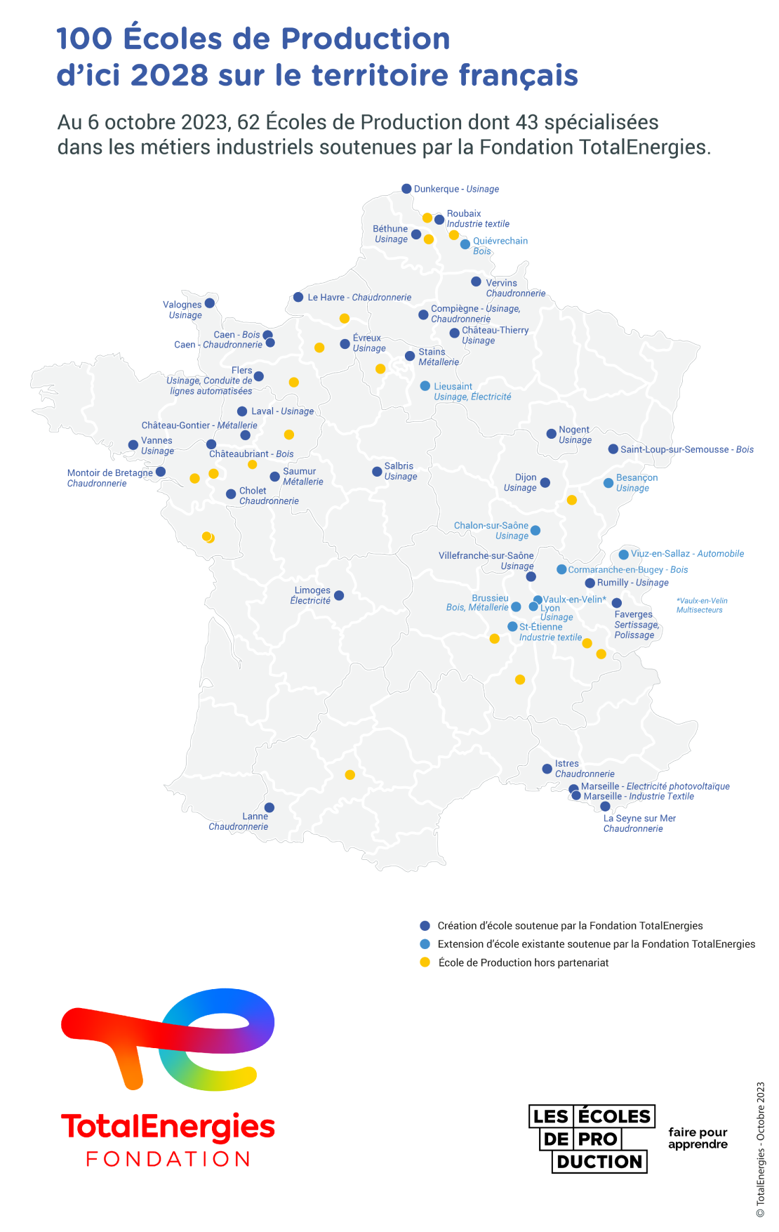 Carte "100 Écoles de Production d'ici 2028 sur le territoire français" - Voir description détaillée ci-après